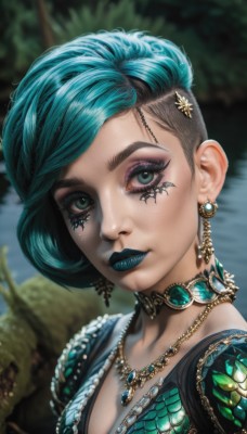 1girl,solo,breasts,looking at viewer,short hair,hair ornament,cleavage,jewelry,closed mouth,green eyes,blue hair,upper body,multicolored hair,earrings,small breasts,outdoors,green hair,choker,artist name,signature,necklace,blurry,two-tone hair,aqua eyes,tree,lips,eyelashes,aqua hair,makeup,depth of field,blurry background,watermark,lipstick,gem,portrait,web address,close-up,pendant,eyeshadow,freckles,realistic,nose,eyeliner,mascara,blue lips,green lips,green gemstone,medium breasts,hairclip,water,facial mark