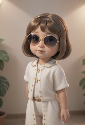 1girl,solo,looking at viewer,short hair,bangs,brown hair,shirt,brown eyes,closed mouth,standing,white shirt,short sleeves,cowboy shot,glasses,belt,pants,indoors,blurry,lips,buttons,sunglasses,plant,child,white pants,round eyewear,female child,yellow-framed eyewear,medium hair,loli,bob cut,nose,tinted eyewear,brown-framed eyewear