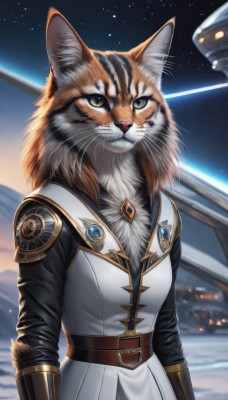 1girl,solo,looking at viewer,long sleeves,animal ears,jewelry,closed mouth,green eyes,standing,yellow eyes,upper body,outdoors,sky,belt,artist name,signature,armor,blurry,night,blurry background,animal,cat,brooch,gem,star (sky),night sky,furry,snow,buckle,starry sky,belt buckle,furry female,arms at sides,brown belt,space,body fur,white fur,planet,whiskers,orange fur,cat ears,animal ear fluff,badge