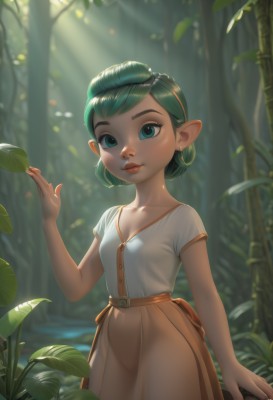 1girl,solo,breasts,looking at viewer,smile,short hair,blue eyes,skirt,shirt,cleavage,jewelry,closed mouth,green eyes,collarbone,white shirt,short sleeves,hairband,earrings,small breasts,outdoors,green hair,day,pointy ears,hand up,blurry,tree,lips,blurry background,leaf,sunlight,nature,forest,light rays,dappled sunlight,dress,cowboy shot,belt,artist name,nail polish,watermark,plant,web address,brown skirt