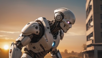 solo,upper body,outdoors,sky,cloud,pink eyes,blurry,from side,no humans,blurry background,glowing,robot,building,mecha,1other,science fiction,sunset,sun,android,looking ahead,humanoid robot,1boy,purple eyes,glowing eyes,city,joints,robot joints,evening,orange sky