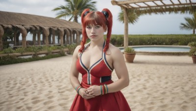 1girl,solo,long hair,breasts,looking at viewer,smile,bangs,large breasts,hair ornament,dress,cleavage,bare shoulders,twintails,brown eyes,jewelry,medium breasts,closed mouth,red hair,outdoors,sleeveless,day,bracelet,tree,lips,sleeveless dress,red dress,ring,own hands together,plant,realistic,palm tree,potted plant,drill hair,twin drills