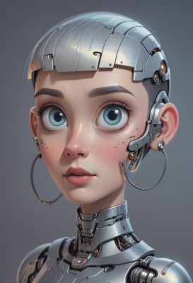 1girl,solo,looking at viewer,short hair,bangs,blue eyes,simple background,grey hair,parted lips,blunt bangs,grey background,lips,eyelashes,makeup,headgear,portrait,freckles,science fiction,realistic,nose,android,joints,cable,very short hair,cyborg,robot joints,cyberpunk,mechanical parts,shiny,thick eyebrows,close-up,headset,eyeliner,mascara,earpiece