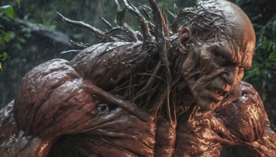 solo,open mouth,1boy,upper body,male focus,outdoors,teeth,signature,blurry,wet,muscular,blurry background,plant,rain,veins,monster,realistic,bald,scar,nature