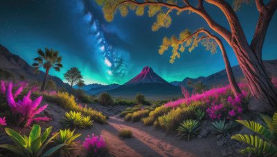 flower, outdoors, sky, tree, no humans, night, grass, plant, star (sky), nature, night sky, scenery, starry sky, mountain, road, path