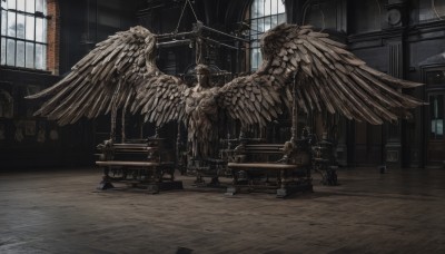 wings,day,indoors,no humans,window,sunlight,scenery,feathered wings,stairs,clock,chair,table,angel wings,wooden floor,angel,statue