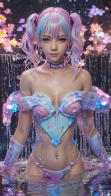 1girl,solo,breasts,looking at viewer,bangs,blue eyes,gloves,navel,cleavage,bare shoulders,twintails,jewelry,medium breasts,underwear,blue hair,collarbone,panties,swimsuit,pink hair,bikini,multicolored hair,water,collar,two-tone hair,lips,streaked hair,wet,piercing,revealing clothes,wading,partially submerged,realistic,bikini armor,navel piercing,standing,purple eyes,purple hair,flower,earrings,small breasts,choker,artist name,watermark,web address,science fiction