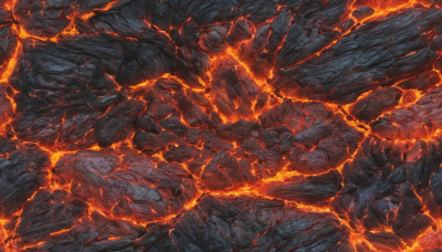 no humans, fire, scenery, rock, cave, molten rock