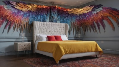 wings,indoors,pillow,book,no humans,bed,shadow,chair,table,feathers,scenery,couch,feathered wings,wooden floor,bedroom,carpet,rug,candle,still life,candlestand