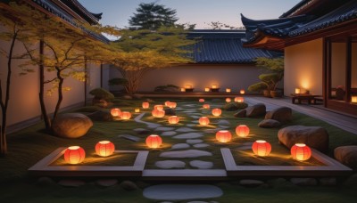 outdoors,sky,tree,no humans,night,grass,building,scenery,lantern,rock,architecture,east asian architecture,paper lantern,stone,pond,stone lantern,water,pillow,plant,lamp,candle,sliding doors,cushion,evening,gradient sky