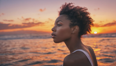 1girl, solo, short hair, black hair, brown eyes, jewelry, upper body, earrings, outdoors, parted lips, sky, cloud, dark skin, water, blurry, from side, dark-skinned female, lips, profile, ocean, looking up, curly hair, sunset, nose, sun, stud earrings, very dark skin