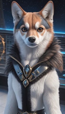 solo,looking at viewer,brown eyes,jewelry,closed mouth,upper body,outdoors,sky,belt,fur trim,no humans,night,animal,brooch,gem,star (sky),night sky,starry sky,fur collar,dog,animal focus,white fur,fur,whiskers,blue gemstone,black fur,fluffy,artist name,realistic,shiba inu