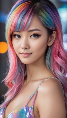 1girl,solo,long hair,breasts,looking at viewer,smile,bangs,cleavage,bare shoulders,brown eyes,jewelry,medium breasts,closed mouth,underwear,collarbone,swimsuit,upper body,pink hair,bikini,multicolored hair,earrings,bra,blurry,two-tone hair,lips,eyelashes,makeup,depth of field,blurry background,realistic,nose,rainbow hair,black hair,blue hair,artist name,streaked hair,swept bangs,watermark,multicolored clothes,eyeshadow,mascara