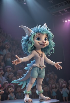 1girl,long hair,looking at viewer,smile,open mouth,blue eyes,multiple girls,animal ears,jewelry,blue hair,standing,tail,full body,green hair,multiple boys,shorts,teeth,solo focus,necklace,flat chest,fingernails,fangs,feathers,sharp teeth,monster girl,fishnets,child,claws,furry,6+boys,female child,male child,crowd,stage,talons,spotlight,stage lights,digitigrade,solo,horns,ring,curly hair,dancing,audience