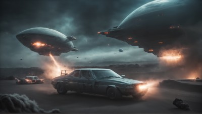 HQ,outdoors,sky,cloud,military,no humans,night,cloudy sky,fire,ground vehicle,scenery,motor vehicle,smoke,science fiction,aircraft,military vehicle,car,road,vehicle focus,spacecraft,truck,water,glowing,ocean,flying,realistic,planet