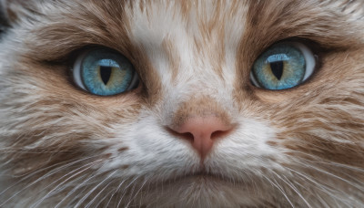 looking at viewer, blue eyes, no humans, animal, cat, slit pupils, close-up, realistic, animal focus, whiskers, eye focus