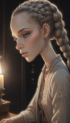 1girl,solo,long hair,blue eyes,brown hair,long sleeves,jewelry,closed mouth,upper body,braid,earrings,indoors,necklace,from side,lips,grey eyes,eyelashes,fire,robe,realistic,nose,candle,dark,hair pulled back,candlestand,multiple braids,candlelight,blush,blonde hair,dress,artist name,profile,makeup,expressionless,forehead,backlighting,light,crown braid,mascara