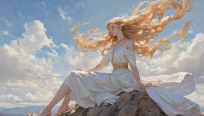 1girl,solo,long hair,breasts,blonde hair,dress,bare shoulders,jewelry,sitting,very long hair,closed mouth,closed eyes,outdoors,parted lips,sky,barefoot,choker,day,cloud,necklace,off shoulder,white dress,from side,blue sky,lips,floating hair,arm support,cloudy sky,wind,rock,mountain,off-shoulder dress,hand on own knee,mountainous horizon,smile,full body,belt,strapless,profile,toes,looking away,strapless dress,long dress,looking afar,sitting on rock