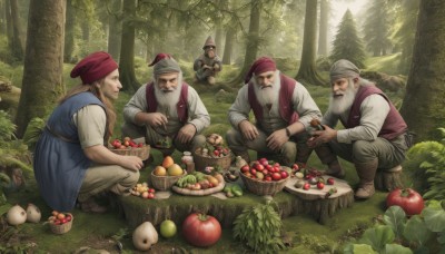 smile,brown hair,shirt,long sleeves,hat,holding,sitting,white shirt,white hair,male focus,boots,outdoors,food,multiple boys,day,pants,looking at another,vest,tree,fruit,facial hair,bird,animal,brown footwear,squatting,grass,nature,beard,forest,6+boys,4boys,realistic,bandana,mustache,apple,basket,mushroom,old,old man,tomato,tree stump,log,helmet,5boys,carrot,grapes