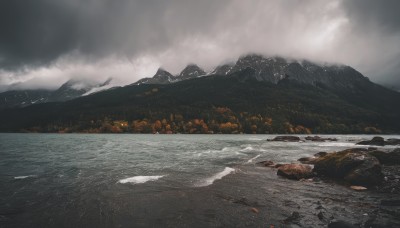 outdoors,sky,cloud,water,tree,no humans,cloudy sky,nature,scenery,forest,rock,mountain,river,landscape,mountainous horizon,grey sky,day,bird,ocean,beach,sunlight,snow,sand,road,shore