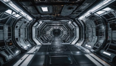 no humans,window,building,scenery,science fiction,space,spacecraft,cockpit,indoors,english text,robot,machinery,realistic,light,cable,lights