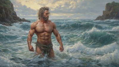 solo,brown hair,1boy,navel,nipples,standing,male focus,outdoors,sky,artist name,cloud,signature,medium hair,water,stomach,wet,muscular,facial hair,ocean,scar,abs,cloudy sky,pectorals,muscular male,bara,beard,wading,large pectorals,topless male,mature male,realistic,mustache,manly,chest hair,loincloth,waves,scar on chest,cliff,short hair,white hair,grey hair,thighs,wind,pelvic curtain,scar on face,old,old man,navel hair