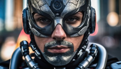 solo,looking at viewer,1boy,closed mouth,male focus,armor,blurry,black eyes,lips,depth of field,blurry background,helmet,portrait,close-up,science fiction,realistic,nose,straight-on,power armor,1girl,black hair,facial hair,beard,lens flare,mustache