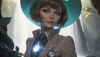 1girl,solo,looking at viewer,short hair,bangs,brown hair,shirt,black hair,hat,brown eyes,closed mouth,green eyes,jacket,white shirt,upper body,outdoors,necktie,collared shirt,artist name,water,tree,lips,coat,eyelashes,makeup,witch hat,glowing,leaf,sunlight,bob cut,nature,blue headwear,backlighting,brown jacket,blue necktie,pink lips,nose,waterfall,open clothes,day,open jacket,thick eyebrows,wing collar,branch