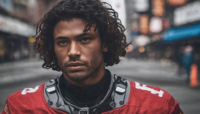 solo,looking at viewer,brown hair,black hair,1boy,brown eyes,jewelry,closed mouth,jacket,upper body,male focus,dark skin,necklace,blurry,black eyes,lips,blurry background,facial hair,dark-skinned male,portrait,beard,red jacket,curly hair,realistic,stubble,very dark skin,afro,outdoors,depth of field