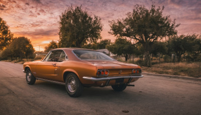 outdoors, sky, cloud, tree, no humans, cloudy sky, ground vehicle, scenery, motor vehicle, sunset, car, road, vehicle focus, sports car