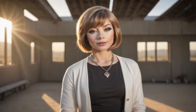 1girl,solo,breasts,looking at viewer,smile,short hair,bangs,brown hair,shirt,long sleeves,hat,brown eyes,jewelry,medium breasts,closed mouth,jacket,upper body,open clothes,indoors,necklace,blurry,lips,head tilt,black shirt,depth of field,blurry background,sunlight,white jacket,realistic,nose,makeup,ceiling light,train station