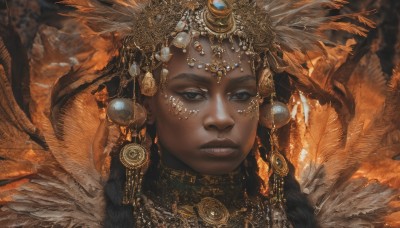 1girl,solo,long hair,looking at viewer,black hair,hair ornament,jewelry,braid,earrings,parted lips,teeth,artist name,dark skin,necklace,blurry,black eyes,twin braids,dark-skinned female,lips,grey eyes,eyelashes,blurry background,facial mark,feathers,gem,portrait,circlet,realistic,headdress,feather hair ornament,gold,closed mouth,makeup,chain,freckles,gold chain