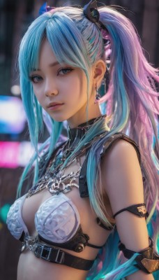 1girl,solo,long hair,breasts,looking at viewer,bangs,blue eyes,hair ornament,twintails,jewelry,medium breasts,closed mouth,underwear,blue hair,swimsuit,upper body,pink hair,bikini,multicolored hair,earrings,small breasts,belt,necklace,bra,blurry,two-tone hair,lips,parted bangs,aqua hair,blurry background,realistic,arm strap,bare shoulders,sidelocks,armor,nose,bikini armor