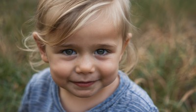 1girl,solo,looking at viewer,smile,short hair,blue eyes,blonde hair,shirt,closed mouth,blurry,lips,depth of field,blurry background,blue shirt,child,portrait,close-up,realistic,nose,brown eyes,striped,parody,grass,striped shirt