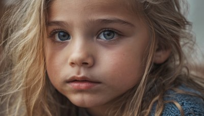 1girl,solo,long hair,looking at viewer,blue eyes,blonde hair,closed mouth,blurry,lips,eyelashes,expressionless,portrait,close-up,freckles,realistic,nose,messy hair