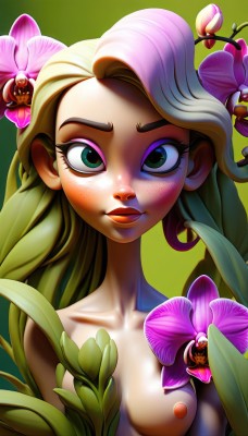 1girl,solo,long hair,breasts,looking at viewer,blonde hair,simple background,hair ornament,closed mouth,nipples,green eyes,collarbone,upper body,flower,nude,multicolored hair,small breasts,green hair,hair flower,lips,eyelashes,makeup,leaf,plant,lipstick,pink flower,eyeshadow,freckles,green background,mascara,two-tone hair,gradient