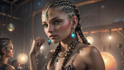 1girl,long hair,breasts,looking at viewer,multiple girls,black hair,hair ornament,1boy,cleavage,bare shoulders,jewelry,upper body,braid,earrings,parted lips,solo focus,indoors,hand up,dark skin,necklace,nail polish,mole,blurry,twin braids,dark-skinned female,lips,fingernails,grey eyes,makeup,depth of field,blurry background,gem,red nails,freckles,circlet,realistic,nose,fantasy,red lips,multiple braids,mole on cheek,blue eyes,2girls,closed mouth,collarbone,artist name,eyelashes,profile,piercing,lipstick,hair over shoulder,spaghetti strap,mascara