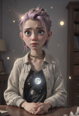 1girl,solo,looking at viewer,short hair,blue eyes,shirt,long sleeves,jewelry,closed mouth,jacket,upper body,pink hair,purple hair,earrings,open clothes,choker,artist name,indoors,necklace,nail polish,blurry,open jacket,lips,fingernails,grey eyes,book,black shirt,makeup,buttons,blurry background,piercing,moon,table,ring,own hands together,ear piercing,light particles,freckles,hoop earrings,realistic,nose,unbuttoned,bookshelf,mascara,denim jacket,blush,sitting,collarbone,eyelashes,watermark,scar,cardigan,aged down,crescent,child