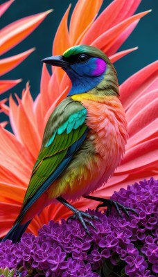 solo,closed mouth,flower,wings,black eyes,from side,no humans,bird,animal,blue background,feathers,realistic,purple flower,animal focus,talons,beak,simple background,standing,full body,artist name,signature,pokemon (creature),watermark,web address,colorful