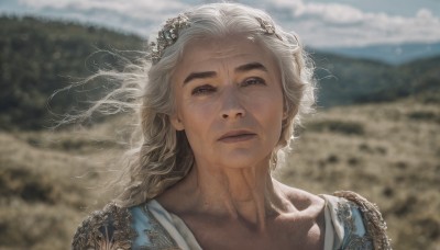 1girl,solo,long hair,looking at viewer,blue eyes,hair ornament,jewelry,closed mouth,collarbone,upper body,white hair,outdoors,parted lips,sky,day,cloud,blurry,lips,floating hair,depth of field,blurry background,wind,portrait,freckles,mountain,realistic,old woman,1boy,grey hair,male focus,thick eyebrows,cloudy sky,old,wrinkled skin