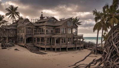 outdoors,sky,day,cloud,water,tree,no humans,window,ocean,beach,cloudy sky,building,scenery,stairs,sand,palm tree,horizon,watercraft,house,boat,shore,sunlight,plant,railing,ruins