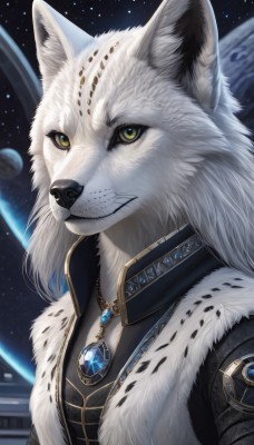 1girl,solo,long hair,looking at viewer,jewelry,closed mouth,green eyes,yellow eyes,upper body,white hair,sky,signature,necklace,vest,fur trim,no humans,animal,brooch,gem,star (sky),furry,pendant,starry sky,space,furry male,white fur,planet,fur,animal nose,wolf,earth (planet),animal ears,artist name,grey fur