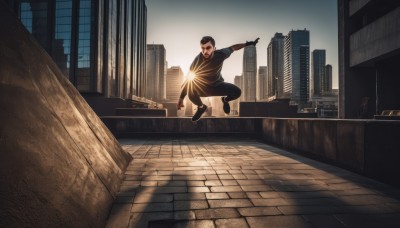 solo,short hair,open mouth,shirt,black hair,1boy,male focus,outdoors,sky,shoes,pants,black footwear,black shirt,facial hair,black pants,building,city,realistic,road,cityscape,skyscraper,gloves,holding,weapon,black gloves,night