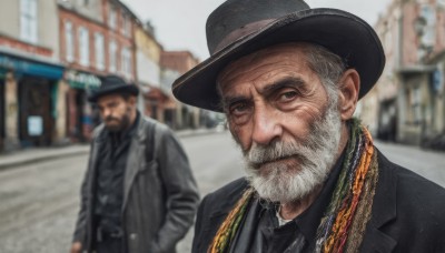 looking at viewer,shirt,1boy,hat,closed mouth,jacket,upper body,white hair,grey hair,male focus,outdoors,multiple boys,necktie,solo focus,day,collared shirt,belt,2boys,scarf,blurry,coat,black jacket,black shirt,black headwear,depth of field,blurry background,facial hair,formal,building,beard,meme,realistic,mustache,manly,old,old man,fedora,long sleeves,pants,black eyes,grey eyes,suit,black necktie,hands in pockets