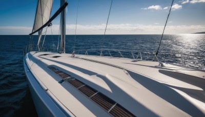 outdoors,sky,day,cloud,water,blue sky,no humans,shadow,ocean,beach,scenery,horizon,road,watercraft,power lines,waves,utility pole,boat,shore,monochrome,cloudy sky,ship,dock