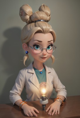 1girl,solo,looking at viewer,smile,short hair,blue eyes,blonde hair,shirt,long sleeves,jewelry,upper body,earrings,parted lips,glasses,necklace,hair bun,bracelet,aqua eyes,lips,fingernails,eyelashes,shadow,table,single hair bun,blue shirt,child,forehead,hair tie,round eyewear,labcoat,female child,rimless eyewear,light bulb,aqua shirt,open mouth,simple background,twintails,aged down,updo