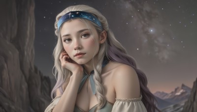 1girl,solo,long hair,breasts,looking at viewer,blush,large breasts,dress,cleavage,bare shoulders,brown eyes,medium breasts,closed mouth,collarbone,upper body,braid,grey hair,hairband,outdoors,detached sleeves,sky,blurry,lips,grey eyes,night,star (sky),night sky,hand on own face,starry sky,head rest,mountain,realistic,nose,blue hairband,blonde hair,ribbon,twin braids,strapless,headband,blue ribbon,forehead,freckles