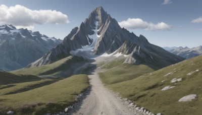 outdoors,sky,day,cloud,tree,blue sky,no humans,cloudy sky,grass,nature,scenery,rock,mountain,road,landscape,mountainous horizon,snow,field,path