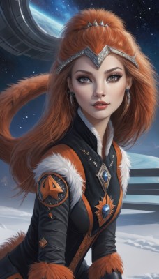 1girl,solo,long hair,breasts,looking at viewer,blue eyes,brown hair,gloves,brown eyes,jewelry,tail,upper body,earrings,parted lips,sky,orange hair,lips,fur trim,makeup,tiara,lipstick,gem,star (sky),snow,eyeshadow,starry sky,freckles,red lips,space,planet,ponytail,artist name,eyelashes,watermark,realistic,headpiece,badge