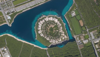 outdoors,water,no humans,from above,building,scenery,stairs,ruins,moss,industrial pipe,overgrown,tree,ocean,ground vehicle,motor vehicle,reflection,car,road,bridge,ferris wheel